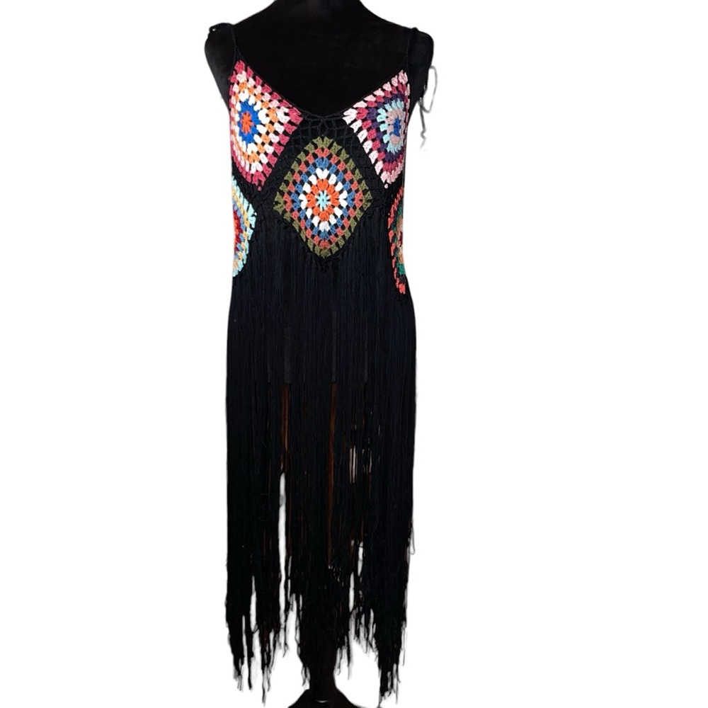 Women’s Boho Granny Square Bathing Suit Cover Up Multi Color Long Fringe NWOT